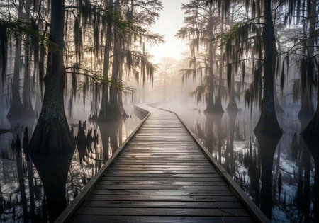A serene wooden boardwalk winding through a misty forest with tall trees and Spanish moss at sunrise