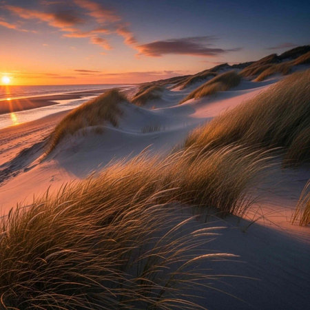 A serene beach scene at sunset with sand dunes and tall grass in the foreground