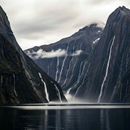 A serene landscape of majestic mountains with waterfalls cascading into a calm body of water under a...