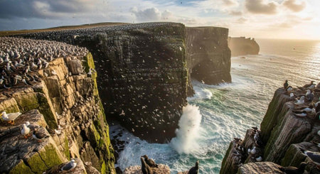 A dramatic cliffside landscape with a large flock of birds perched on the rocky edge overlooking the...