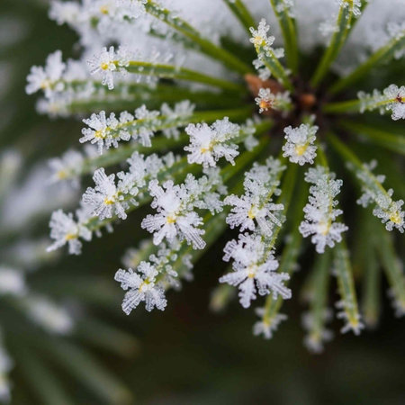 A close-up view of frosty white flowers on a green plant in a natural settingの写真素材