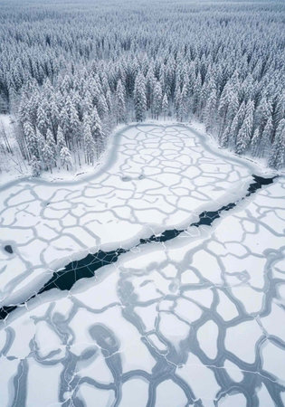 Aerial view of a frozen lake surrounded by snow-covered trees in a serene winter landscape