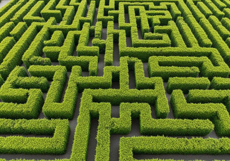 Aerial view of a complex green hedge maze in a serene outdoor setting with lush vegetation and...