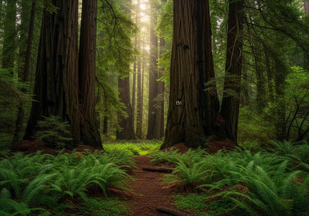 A serene forest landscape with tall trees and a dirt path leading through the woods