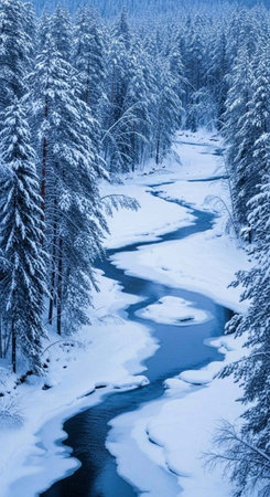 A serene winter landscape with a winding river flowing through a snow-covered forest of evergreen...