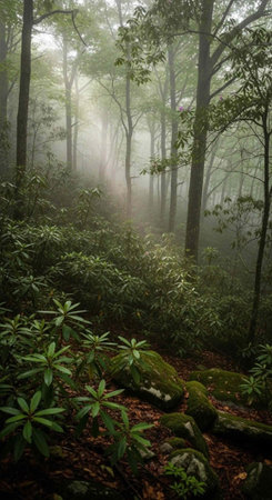A serene forest landscape with lush greenery and misty atmosphere on a foggy day in nature