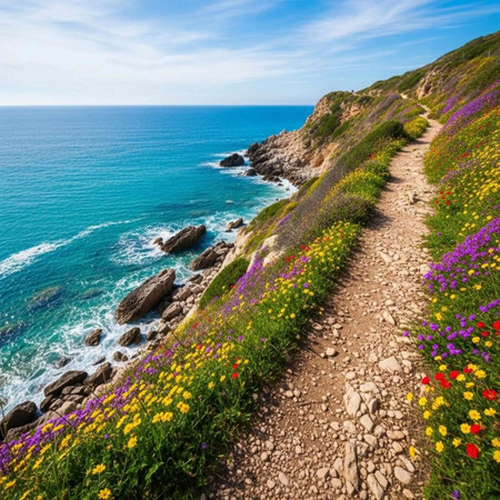 A serene coastal path lined with vibrant wildflowers on a sunny day by the ocean
