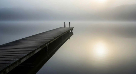 A serene wooden dock extends into a calm lake on a foggy morning with the sun shining through the...