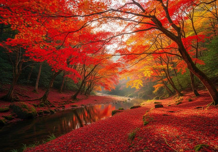 A serene autumn landscape with a stream running through a forest of vibrant red and orange trees