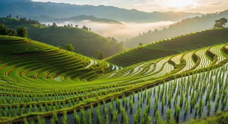 A serene landscape of green rice terraces with misty mountains in the background at sunrise