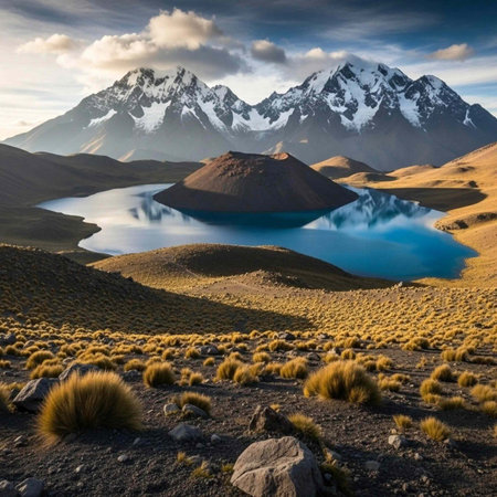 A serene landscape of a lake surrounded by mountains and yellow grass under a cloudy sky