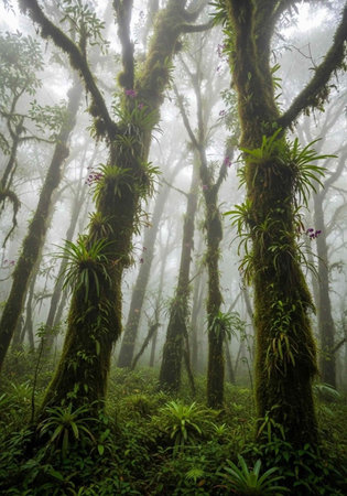 A serene and vibrant forest landscape with mossy trees and lush greenery on a foggy day