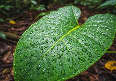 A large green leaf with water droplets on it in a natural forest environment with brown soil