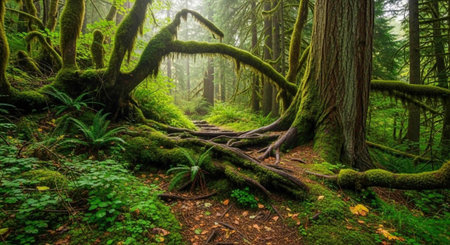 A serene and vibrant forest landscape with moss-covered trees and a carpet of greenery on the forest...