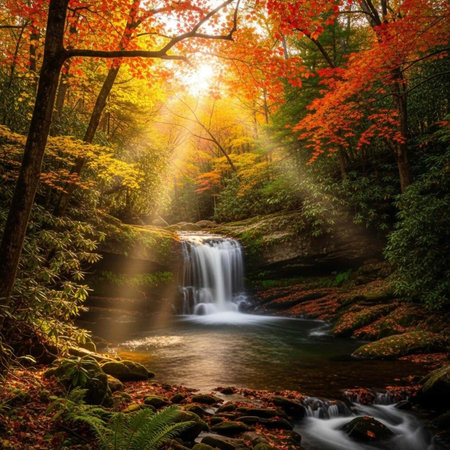 A serene waterfall cascades through a vibrant autumnal forest with sunbeams shining through the...