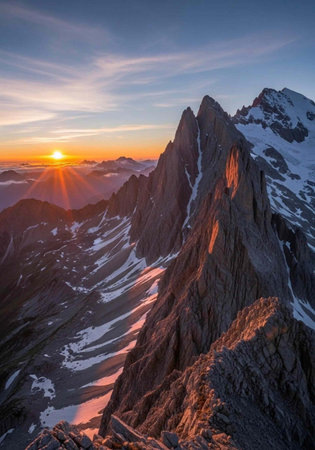 A breathtaking mountain landscape at sunrise with snow-capped peaks and a serene sky