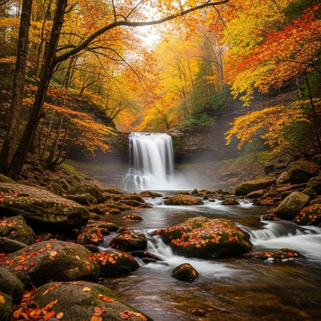 A serene waterfall cascades through a vibrant autumnal forest with rocks and flowing water