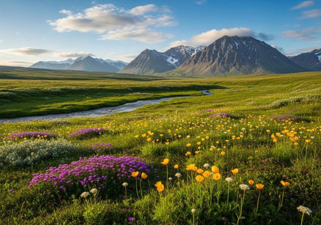 A serene landscape of a green meadow with colorful flowers and a mountain range in the background under a blue skyの写真素材
