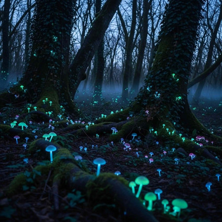 A mystical forest scene with glowing mushrooms and trees in a serene natural environment at dusk