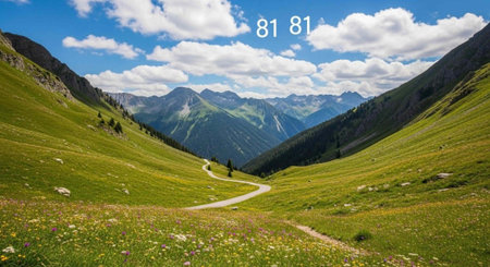 A serene mountain landscape with a winding road through a green valley under a blue sky