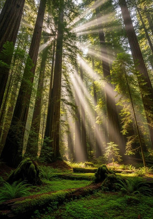 A serene forest landscape with sunlight filtering through the trees, casting rays of light on the forest floor.の写真素材
