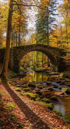 A serene stone bridge spans a tranquil forest stream on a sunny autumn day with vibrant foliage