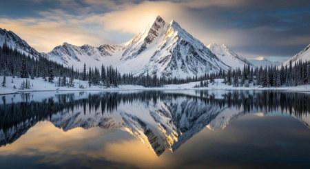 A serene mountain landscape with a snow-capped peak reflected in a calm lake at sunrise