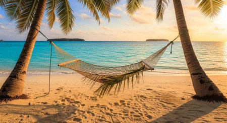 A serene beach scene with a hammock between two palm trees at sunsetの写真素材