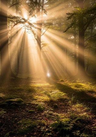 A serene forest landscape with sunbeams shining through the trees onto a mossy forest floor