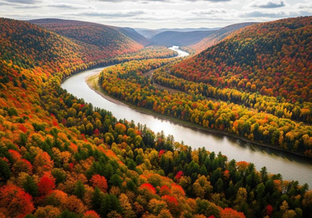 Aerial view of a winding river flowing through a vibrant autumn landscape with colorful trees and...
