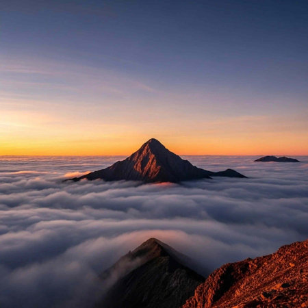 Mt. Fuji in the clouds at sunrise, Yamanashi, Japanの写真素材