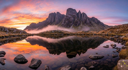 A serene mountain landscape with a still lake reflecting a vibrant sunset and rocky terrain in...