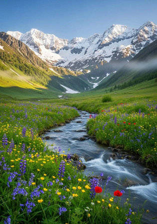 A serene mountain landscape with a stream flowing through a vibrant meadow of colorful wildflowers under a clear blue skyの写真素材