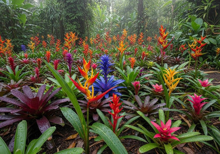 A vibrant and colorful garden filled with exotic flowers and lush greenery in a serene natural...