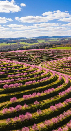 A vibrant landscape of a blooming orchard with pink trees under a blue sky with white clouds
