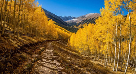 A scenic dirt road winds through a vibrant forest of yellow aspen trees in the mountains on a clear...