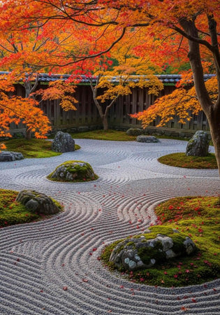 A serene Japanese garden with vibrant autumn trees and a beautifully raked stone path