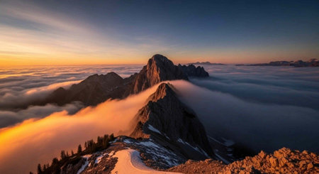 A breathtaking mountain landscape with snow-capped peaks and clouds at sunrise