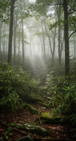 A serene forest landscape with misty atmosphere and sunbeam shining through trees