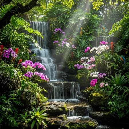 A serene waterfall cascades through a lush green forest surrounded by vibrant flowers and rocks