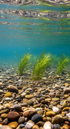 A serene underwater scene with clear water and rocks on the river or lake bed with green plants