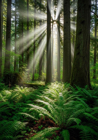 Sunlight filters through the trees in a serene and peaceful forest with lush greenery and ferns