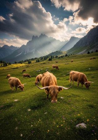A serene landscape of highland cattle grazing in a green meadow with mountains in the background...