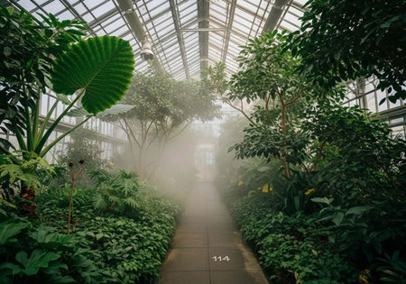 A serene and vibrant greenhouse interior with lush greenery and a misty atmosphere