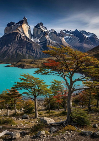 A serene landscape of mountains and a lake surrounded by trees with vibrant autumn colors