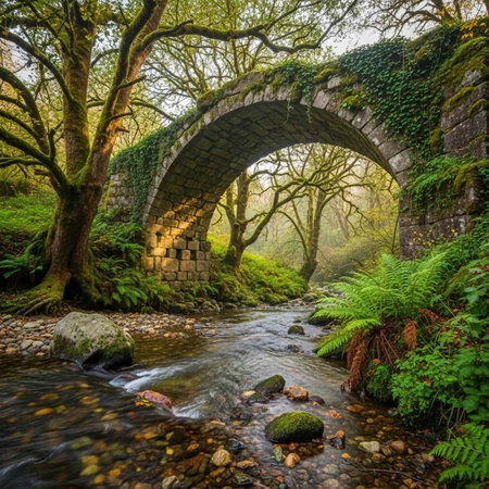 A serene stone bridge spans a gentle stream in a lush forest with vibrant greenery and mossy stones