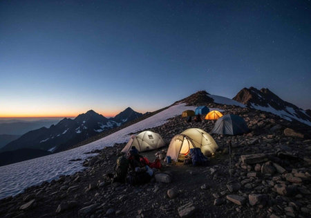 A serene mountain campsite at dusk with tents lit up on a rocky slope
