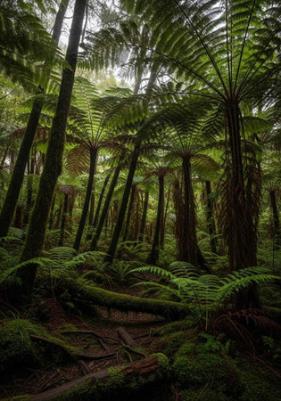 A dense and vibrant forest with tall trees and lush green foliage in a serene natural environment