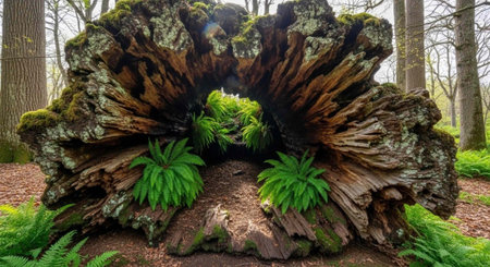 A large, ancient tree stump with green plants growing out of it in a forest