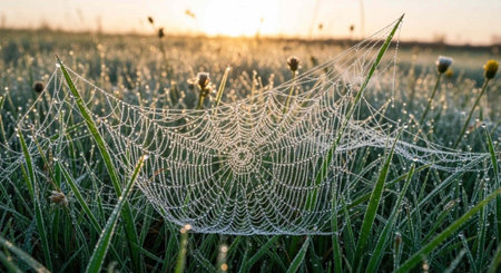 A delicate spider web glistens with dew in a serene grassy field at sunrise